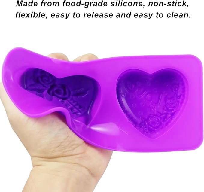 Rose Silicone Molds, AITRAI 4 Types 3D Rose Heart Silicone Molds Heart Soap Molds for Soap Making Cake Candle Chocolate Dessert Handmade Gift for Graduation Wedding Birthday, Purple