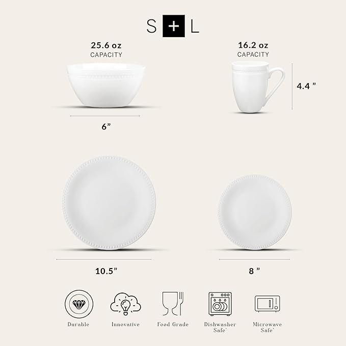 Stone lain Bone China Pinpoint Embossed 32 Piece Dinnerware Set, White