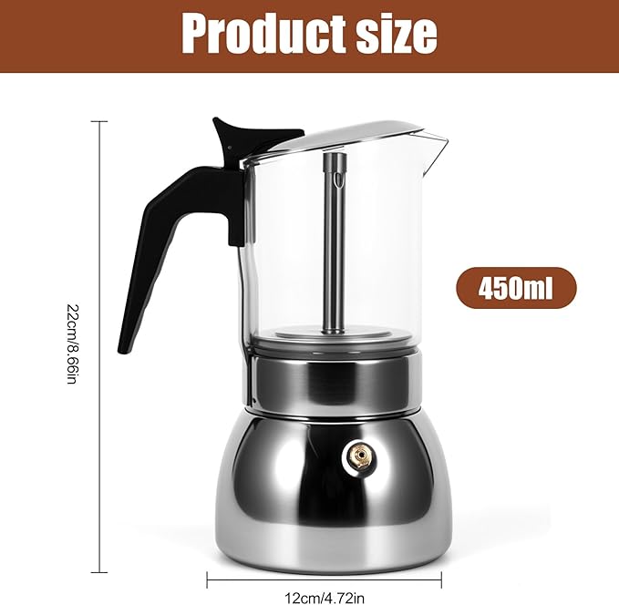 Stovetop Espresso Maker, 9Cup 450ML Stainless Steel Stovetop Italian Coffee Maker Transparent Glass Moka Pot, Coffee Maker Mocha Pot for Home Cafe Outdoor Office