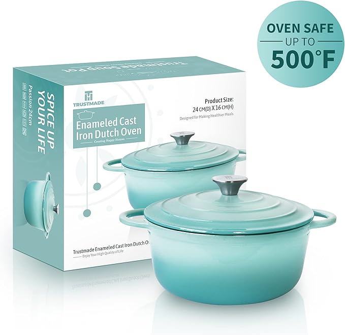 Trustmade 4.5 QT Cast Iron Dutch Oven, Enamel Coated Cookware Pot with Self Basting Lid for Home Baking, Braiser, Cooking, Aqua