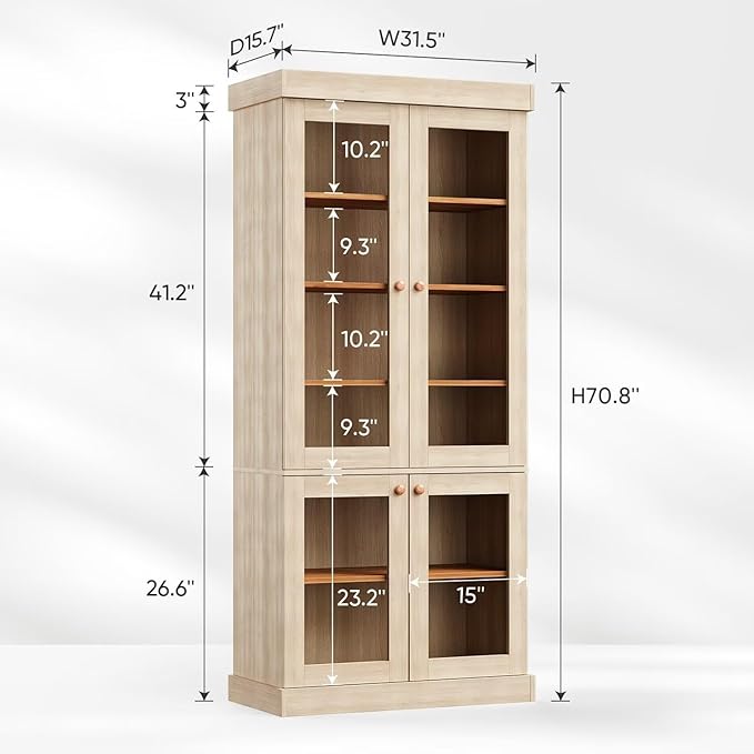 70.8" Tall Brown Bookshelf with Glass Doors, Farmhouse Modular Bookcase with 6-Tier Adjustable Shelves, Large Storage Cabinet for Home Office, Living Room