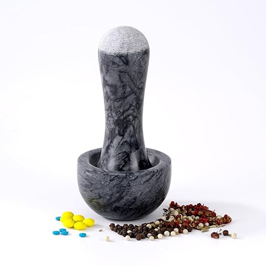 Tianman Small Mortar and Pestle Set 3.2 Inch.1/3 Cup.Mini Marble Grinder with Brush for Pills Herbs Spices,Easy to Grip.Efficient Grinding.Universal Dual Head Grinding Pestle.(Marble Black)