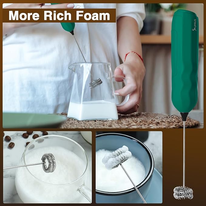 SUPRUS Ultra Fast Handheld Milk Frother Double Whisk with Stand 2 Batteries Stainless Steel for Lattes Cappuccino Matcha Hot Chocolate Coffee Bar Accessories Kitchen Gadgets Gift