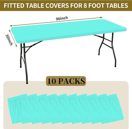 10 Pack Fitted Tablecloth for 8 Foot Rectangle Tables, Aqua Blue Elastic Outdoor Picnic Table Cover, Washable Stretch Folding Table Cloths 8 ft for Camping Party Patio Kitchen Banquet, 30" W x 96" L