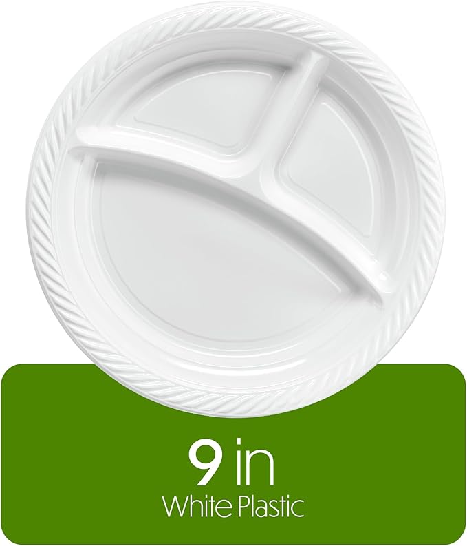 PLASTICPRO 9 inch Round Plastic Plates 3 Compartment - 3 Section Plates Microwaveable, Disposable, White, Dinnerware 100 Count