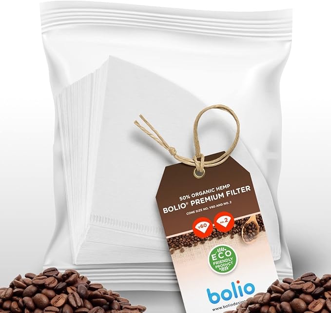 Premium Hemp White Paper Cone Coffee Filters - Peroxide Whitened - Compatible with V60 and All No.2 Size Pour Over Drippers - (Pack of 100)