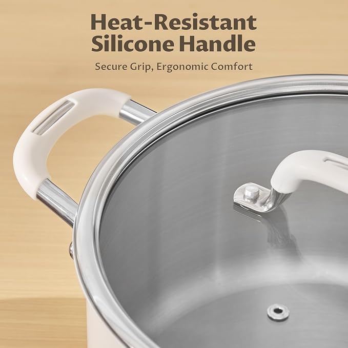 8 Quart Tri-Ply Stainless Steel Stock Pots with Lid, BEZIA Induction Soup Pot with Lid, Large Kitchen Cooking Pots with Silicone Handle, Compatible with All Cooktops, Free of PTFE/PFOA/PFOS