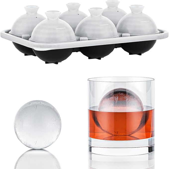 6 Chamber 2.2" 3D Round Ball Ice Cube Tray With Funnel,Large Circle Ice Ball Maker Mold Silicone Fun Shapes Bourbon Sphere Ice Cube Molds,For Chilling Whiskey,Cocktails,Bourbon,Brandy and Beverages