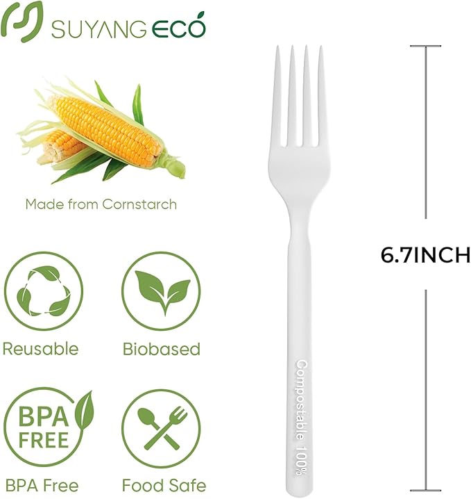 300 Count Compostable Forks Bulk No Plastic Forks Heavy Duty Biodegradable Forks Eco Friendly Cutlery for Lounge Party Wedding Picnic Camping