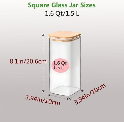 1.6 Qt Square Glass Storage Containers with Lids, Clear Food Storage Container Jar with Sealing Bamboo Lid for Noodles Flour Cereal Rice Sugar Tea Coffee Beans (Square-3Pack)