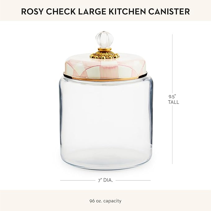 MACKENZIE-CHILDS Rosy Check Kitchen Canister, Decorative Pink-and-White Glass Storage Jar with Lid, Large
