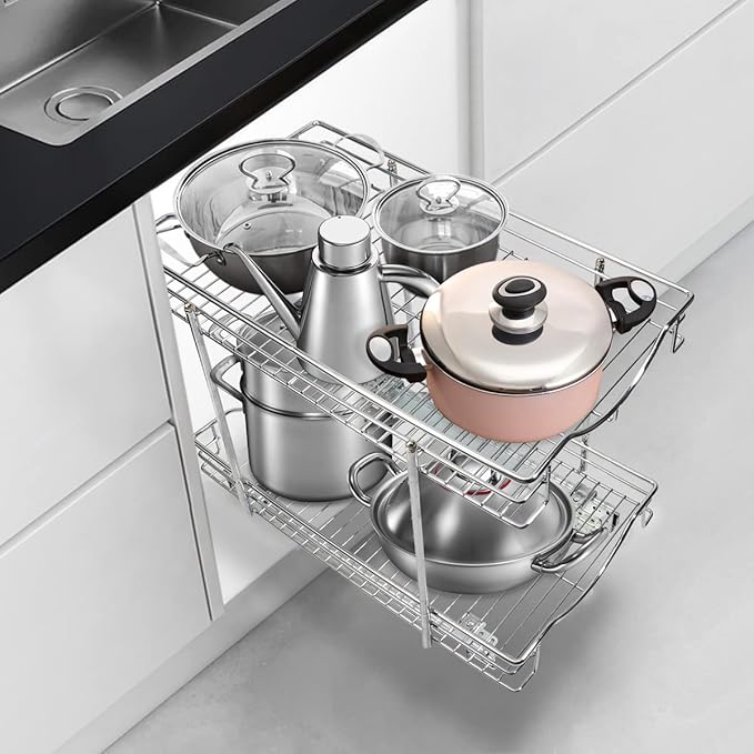 Fulgente Chrome Finish Pull Out Drawers Cabinet Organizer, Professional Large Wire Basket Frame 2 Tier Heavy Duty Slide Out Kitchen Storage Organizations Shelves Sliding Pantry 11"W x 18"D x 15.12"H