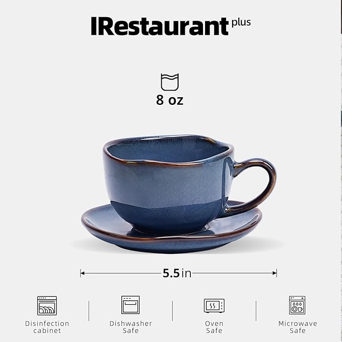 Organic Shape Restaurant 8OZ Coffee Cup and Saucer, Commerical Grade Catering Stoneware Cup and Saucer in Ir-regular Organic Shape, Chip & Scratch Resistant, Glossy Reactive Glaze Blue, Case of 24