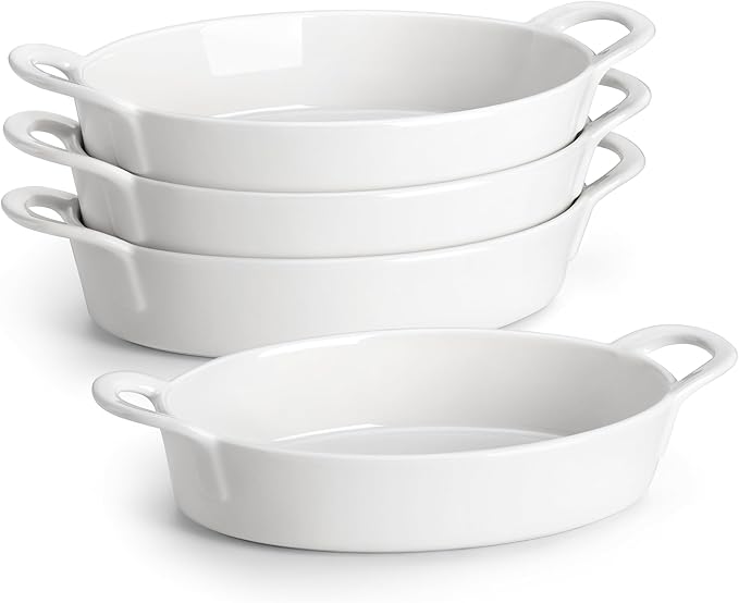 MALACASA Small Casserole Baking Dishes for Oven, Ceramic Oval Baking Dish Sets of 4, 8" x 5" Inch Au Gratin Baking Pans with Handles for Roasting, Lasagna, Pie, Baking Meat & Vegetables, White