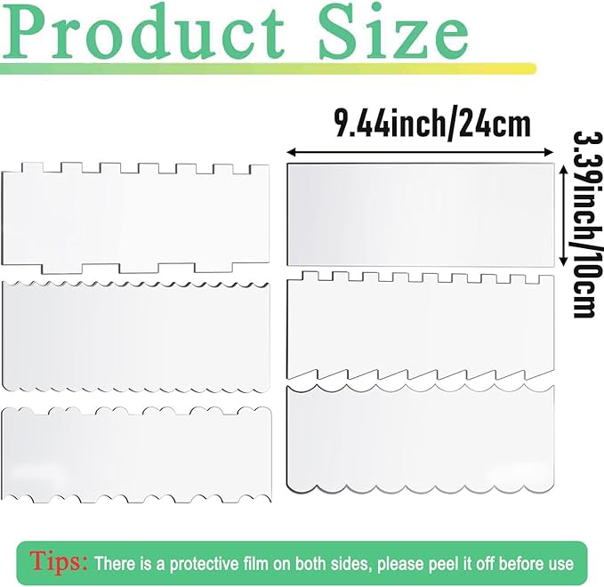 6-Piece Clear Acrylic Cake Decorating Scraper Set – Large Icing Smoothers and Edge Combs for Buttercream, Frosting, Mousse, and Baking Projects