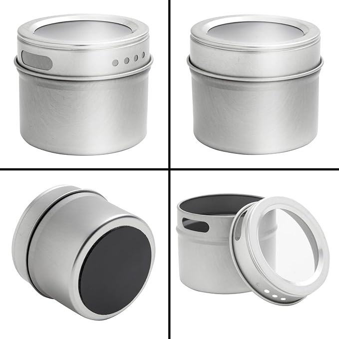 Talented Kitchen Magnetic Spice Jars for Refrigerator - 3 oz, Stainless Steel, Set of 12 - Spice Containers with Labels - Magnetic Travel Containers & Camper Must-Haves
