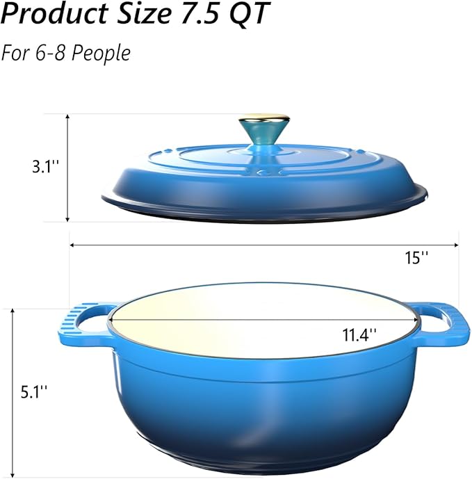 VINGLI 7.5QT Enameled Cast Iron Round Dutch Oven Pot with Lid, NonStick Casserole Pot with Dual Handles & Silicone GlovesRed, Oven Safe up to 500°F or on Stovetop, Dutch Oven for Bread Baking, Blue