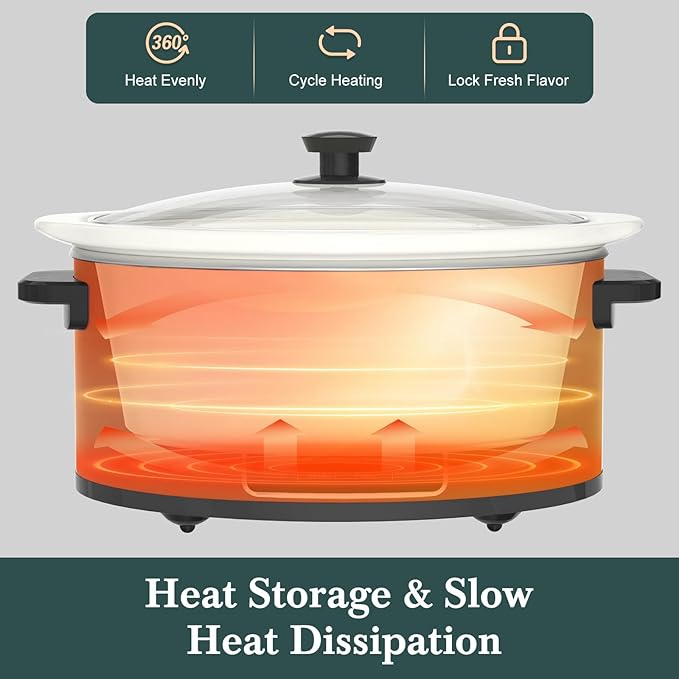HOMECOOKIN 7-Quart Programmable Slow Cooker with Timer Keep Warm - Small Kitchen Appliance for Family Dinners - Serves 6+ People (White)