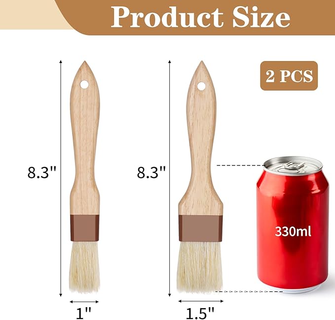 2 Pcs Natural Bristle Pastry Brush, Beech Wooden Handle Basting and BBQ Brushes for Cooking, Butter, Oil, Marinade, Grilling & Baking, Kitchen Food Brush (1 inch & 1.5 inch)