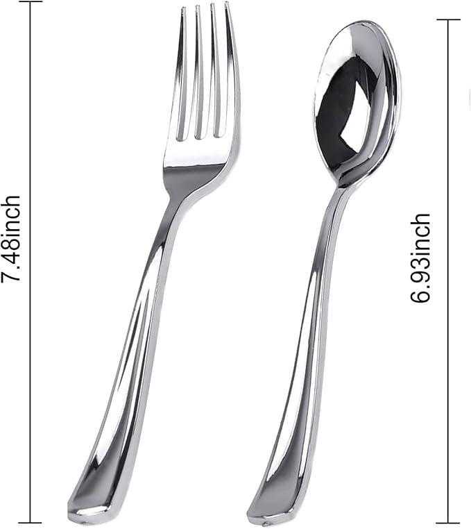BUCLA 200 Pieces Silver Plastic Silverware - Heavy Duty Disposable Cutlery set - 100 Silver Plastic Forks, 100 Disposable Spoons for Catering, Parties, Dinners, Weddings and Christmas