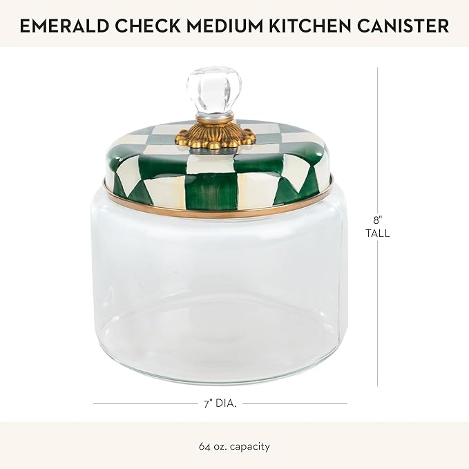 MACKENZIE-CHILDS Medium Kitchen Canister, Decorative Glass Storage Jar with Lid, Green-and-White Emerald Check