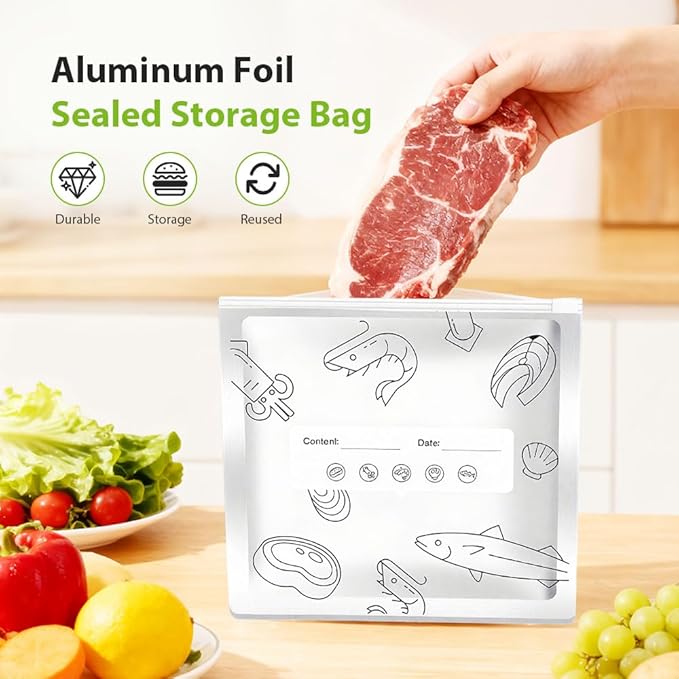 Reusable Aluminum Foil Sealable Storage Bags, 2026 New Resealable Vacuum Zipper Pouches, Stand Up Foil Sealable Bags with Label and Zip Lock for Kitchen (20, Large)