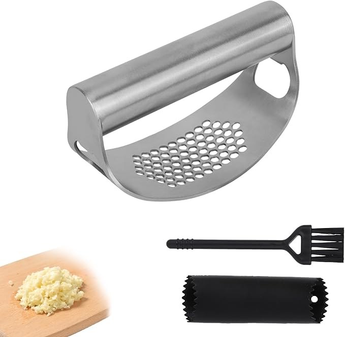 Stainless Steel Hand Garlic Presser Set, Hand Garlic Press with Plastic Peeler Tube and Brush Ginger Crusher Supplies for Kitchen Vegetable Processing Tools