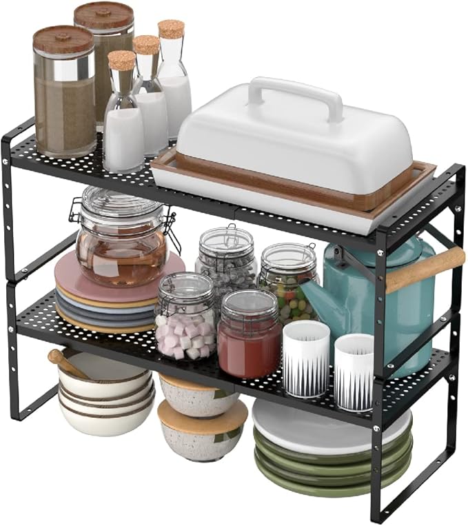 Expandable Kitchen Cabinet Shelf Organizers, Stackable Metal Pantry Storage Shelves Rack, Adjustable Counter Spice Shelf for Cabinets, Countertop, Cupboard, 2 Pack, Black