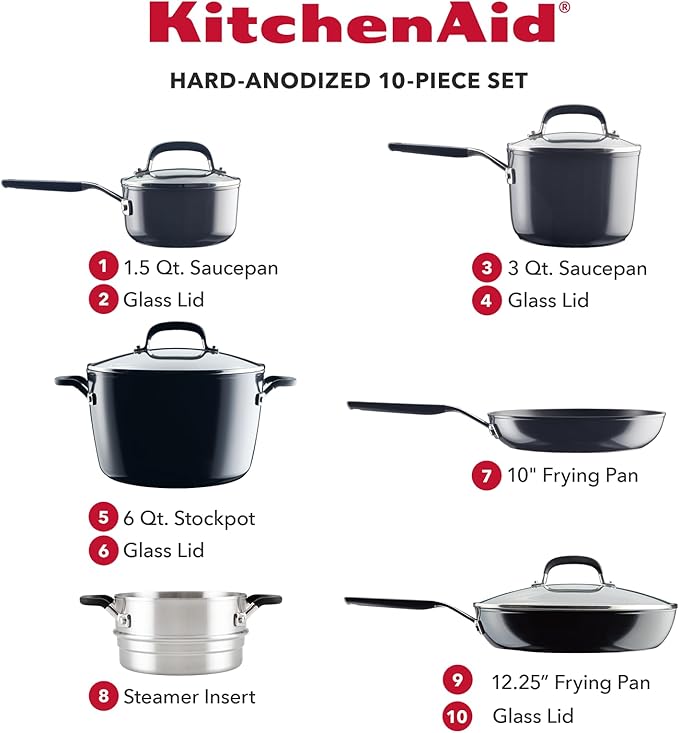 KitchenAid Hard Anodized Nonstick Cookware/Pots and Pans Set, 10 Piece - Matte Black