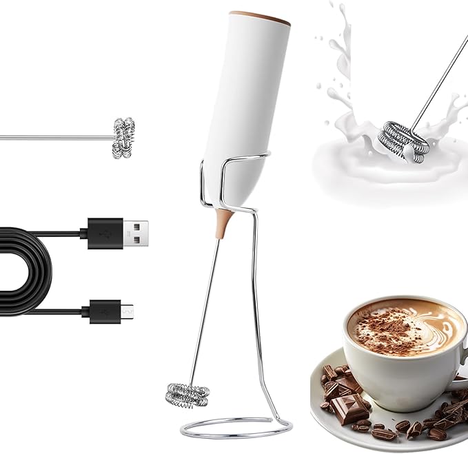 Electric Milk Frother-Handheld Drink Mixer - Electric Whisk Foam Maker for Coffee, Lattes, Cappuccino, Matcha, Hot Chocolate & Creamer (Stand with USB Rechargeable, white)
