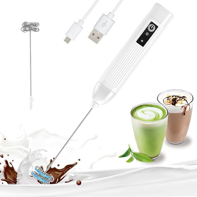 Rechargeable Milk Frother Handheld, 3 Speeds Electric Coffee Mixer Wand with Stainless Steel Whisk for Hot Chocolate, Eggs, Latte, Cappuccino (White)