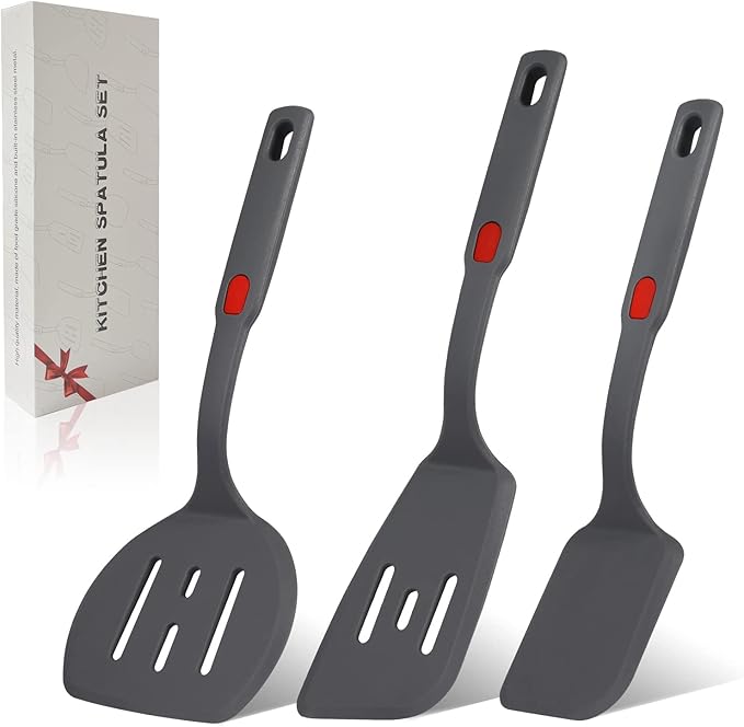 Flexible Silicone Spatula Set For Nonstick Cookware Rubber Silicone Bpa-Free Heat Resistant Heavy Duty Kitchen Turner Large,Slotted Flipper And Small Spatulas For Egg Fish Pancake Cookie (Grey)