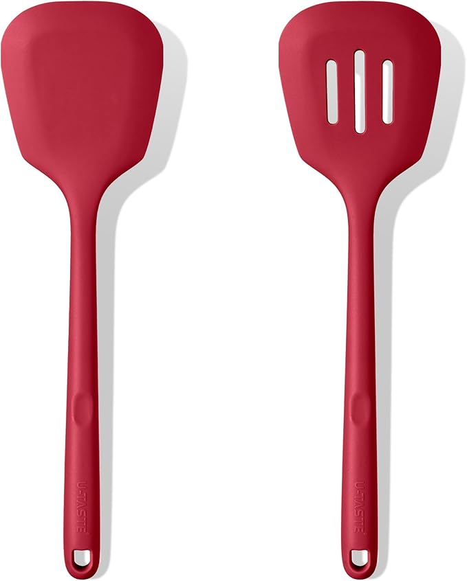 600ºF Heat Resistant Silicone Turner: U-Taste 13.6in Long Solid & Slotted Thick Kitchen Spatula Flipper, Large Flexible Cooking Utensil for Flipping Egg, Pancake in Nonstick Cookware (Rose Red, 2PCS)