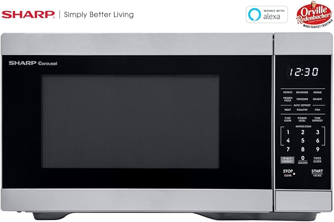 SHARP Countertop Microwave Oven Compatible with Alexa Orville Redenbacher's Certified with Removable 12.4" Carousel Turntable, 1000 Watt, 1.1 Cubic Feet, Stainless Steel