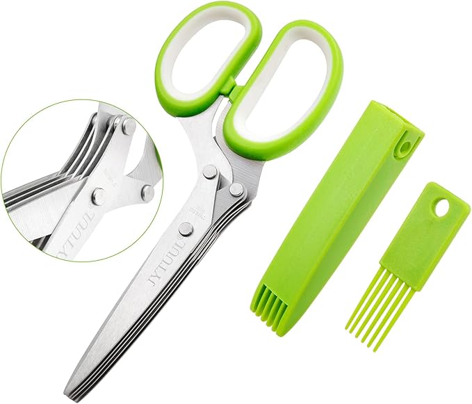 Herb Scissors, Multipurpose Sharp Kitchen Herb Cutter Shears with 5 Stainless Steel Blades, Safety Cover, Cleaning Comb, Cool Kitchen Gadgets for Cutting Fresh Garden Herbs, Dishwasher Safe