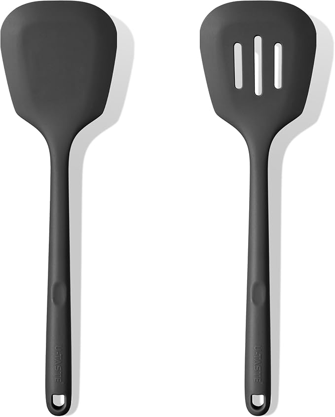 600ºF Heat Resistant Silicone Turner: U-Taste 13.6in Long Solid & Slotted Thick Kitchen Spatula Flipper, Large Flexible Cooking Utensil for Flipping Egg in Nonstick Cookware (Classic Black, 2PCS)