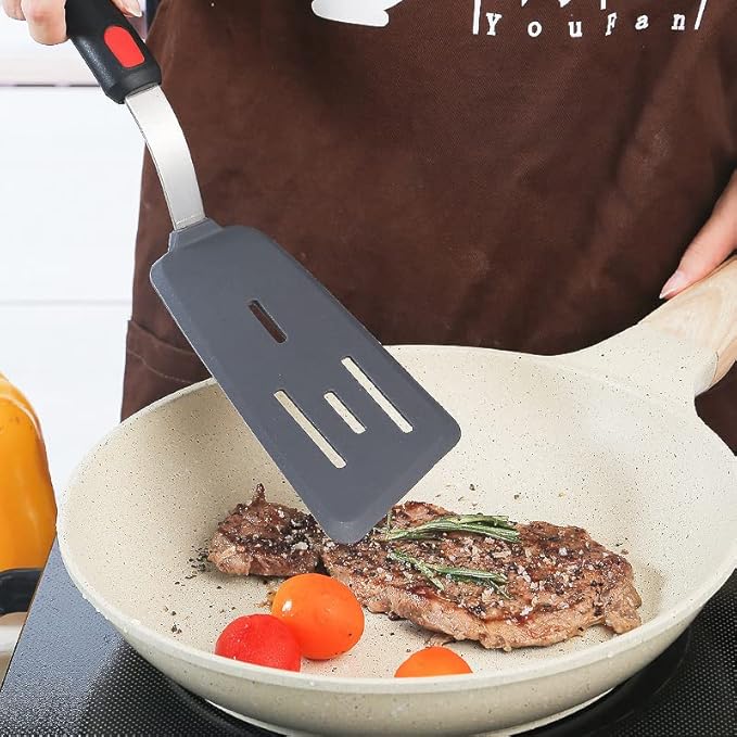 Hotec Silicone Spatula Turner for Nonstick Cookware, Cooking Spatulas 600°F Heat Resistant Large Flexible Rubber Spatula Set of 3, Kitchen Utensils for Flipping Eggs, Burgers, Pancakes, Crepes