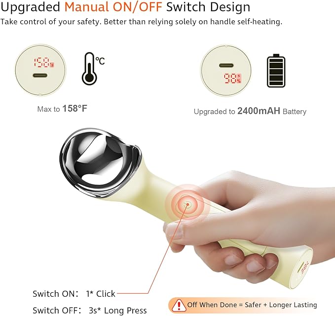 Heated Ice Cream Scoop with On/Off Switch(Latest Gen 3.0): Rechargeable Electric Icecream Scooper with Holder,2025 Kitchen Gadgets for Hard Ice Cream, Waterproof IP67,Max to 158℉