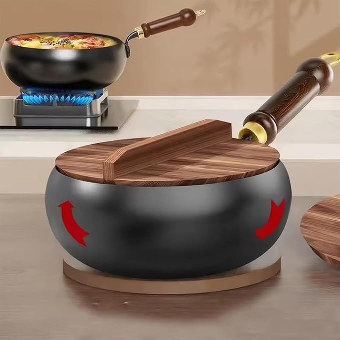 Jinswhdre Cast Iron Skillet, 9.5/11in Jinswhdre Japanese Irons Pan, Hand Forged Uncoated Iron Pan with Lid Spatula, Non-stick Wok for Cooker Gas Stir Fry Pans Durable and Rust-Free (Wooden Lid,10.2in)