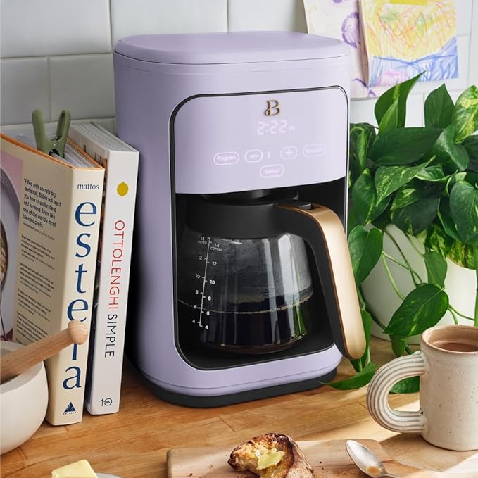 Beautiful by Drew Barrymore 14-Cup Programmable Drip Coffee Maker, Touch-Activated Display, Fast 14-Min Brew, Bold Strength, Keep Warm 4hrs, Gold Filter (Lavender)