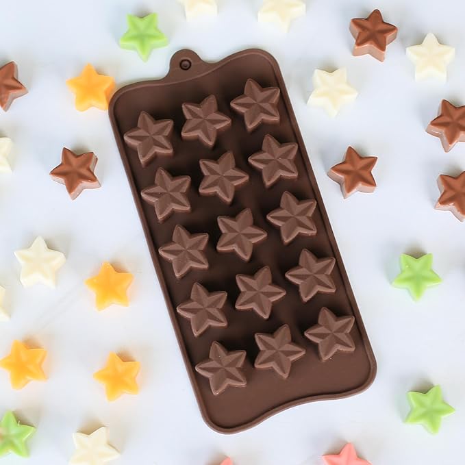 Small Star Chocolate Molds Silicone, Food Grade Silicone Candy Molds for Bite Size Gummy/Jelly/Fruit Snacks, 15 Cavities Mini Star Mold for Soap/Candle/Wax Melt, 2 Pcs