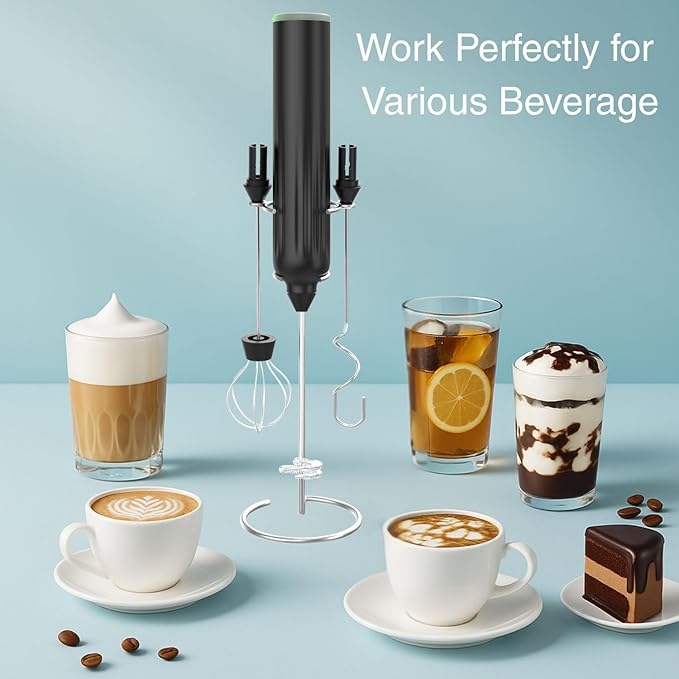 Milk Frother Handheld,3-Speed Rechargeable Coffee Foamer Drink Whisk with 3 Stainless Steel Heads Electric USB C Whisk for Coffee, Latte, Cappuccino, Hot Chocolate, Protein,Egg light Black