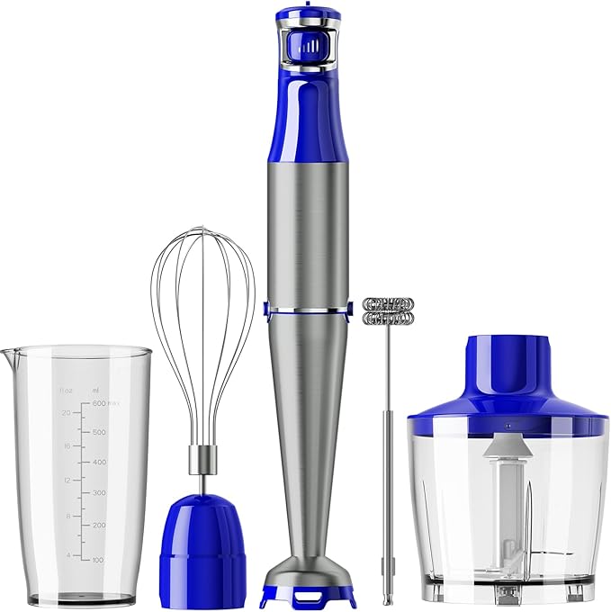 Immersion Blender Handheld Corded Hand Blenders Set 1100W, Trigger Variable Speed 5 in 1 Stick Emulsifier with Chopper, Whisk and Frother for Soup, Baby Food and Smoothies, Royal Blue