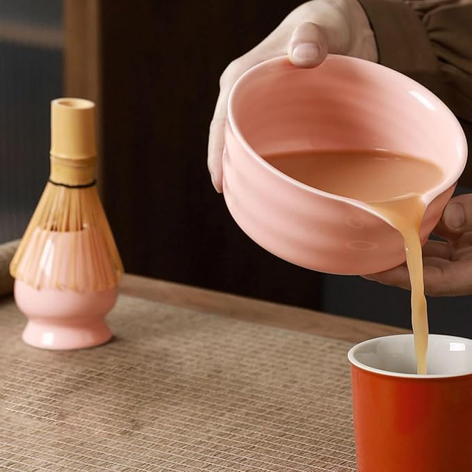 Matcha Tea Set, 5-Piece Ceremonial Kit with Ceramic Matcha Bowl (Chawan), Bamboo Whisk (Chasen) & Holder, Stainless Steel Sifter, Bamboo Scoop (Chashaku) — Japanese Tea Ceremony Gift (Pink)