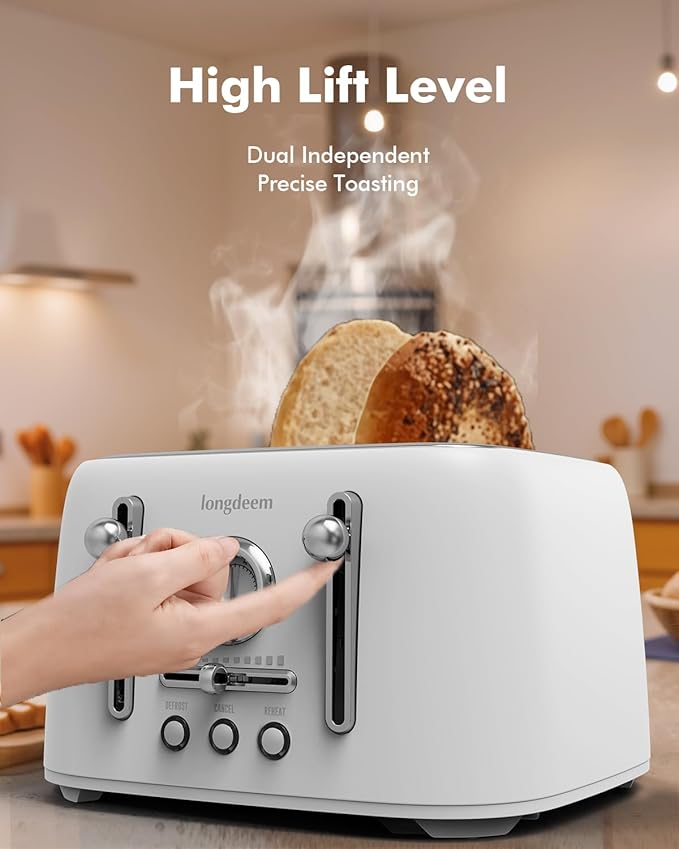 LONGDEEM 4-Slice Stainless Steel Toaster with 1.6" Wide Slots, Retro Bagel Toaster with 6 Browning Levels, Defrost/Bagel/Cancel, Removable Crumb Tray, Cute White