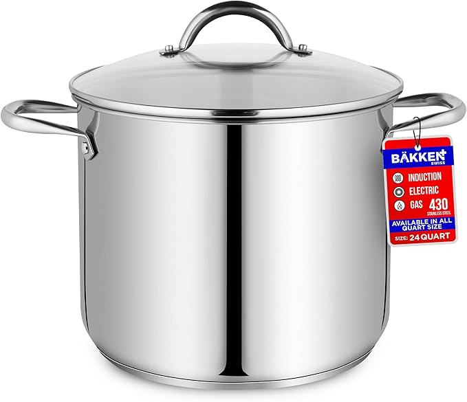 Stainless Steel Stockpot with Tempered Glass Lid 24 Quart, Durable 18/0 Stainless Steel, Impact-Bonded Base for Even Heating, Riveted Handles, Oven & All Stove Compatible, Safe Up To 500°F (260°C)