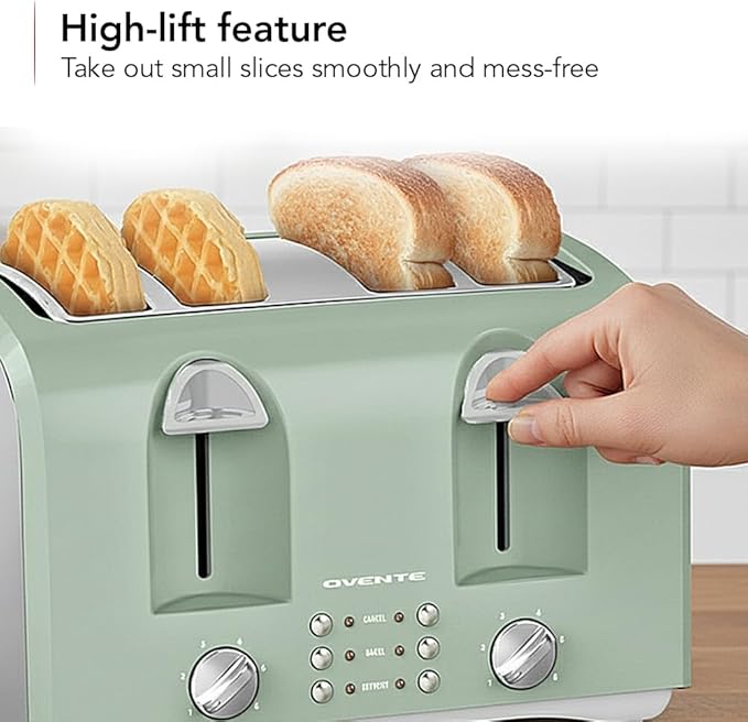 OVENTE Electric 4-Slice Toaster Machine with 6-Shade Selector Setting, Cancel Button, Defrost Function, Crumb Tray, 1400W Power and Wide Slots for Bagels, Waffles and Puff Pastry, TS4410LBL