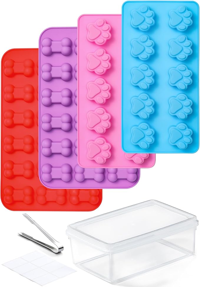 4 Pack Silicone Dog Treat Molds with Container and Ice Tong, Non-stick Puppy Paw and Bone Shaped Set with Bin, Silicone Mold for Pupsicle, Chocolate, Gummy, Candy, Baking, Jelly, Ice Cube, Pudding
