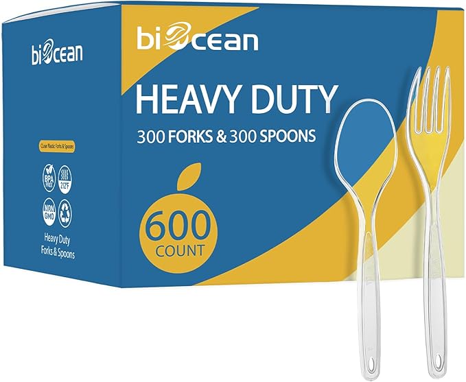 [600 Count] Clear Plastic Utensils 600 clear plastic forks and spoons Disposable 300 Forks and 300 Spoons Silverware Bulk Forks and Spoons Bulk Heat Resistant Heavy Duty Silverware