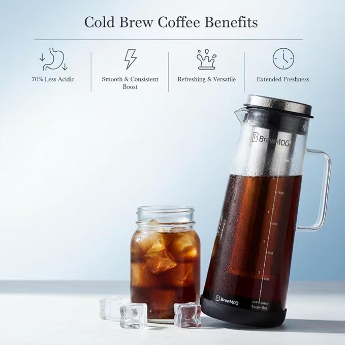BrewMOO- Airtight Cold Brew Coffee Maker Pitcher, 1.4L/48Oz Thick Glass Carafe with Filter, Comfort Sturdy Handle & Wide Spout, Non-Slip Base | Iced Tea Maker (Black)